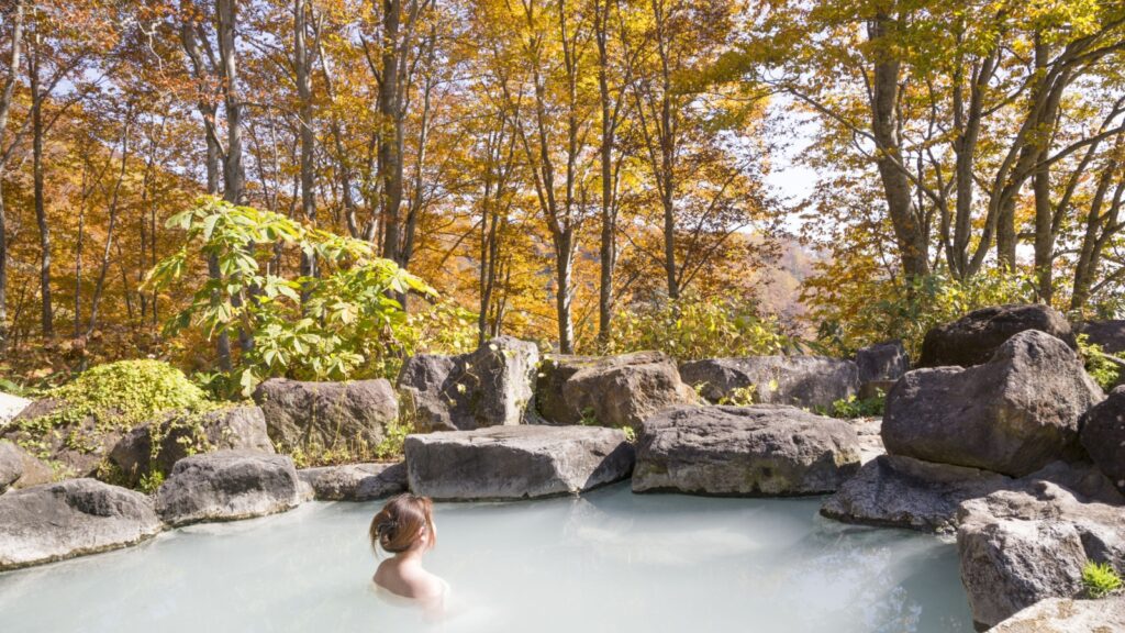 autumn. Japanese open air hot spa . Open-air bath of Japan.